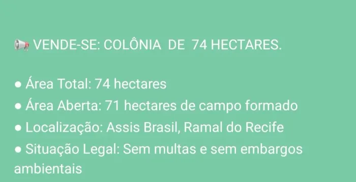 Vende se colônia de  74 hectares 