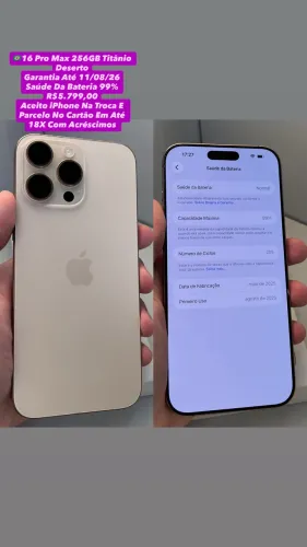 iPhone 16 Pro Max 256GB Titânio Deserto - Garantia Até 11/08/26 (Usado)