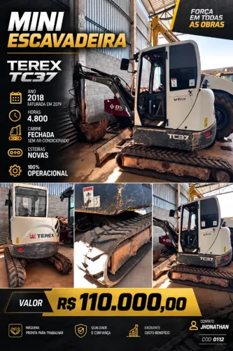 Miniescavadeira Terex TC37 - 4 Toneladas - Ano 2018 - Cabine Fechada