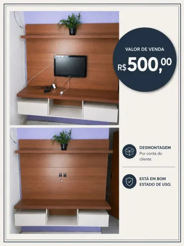 Painel para TV com Rack e Prateleira - Madeira Amadeirada - R$ 500