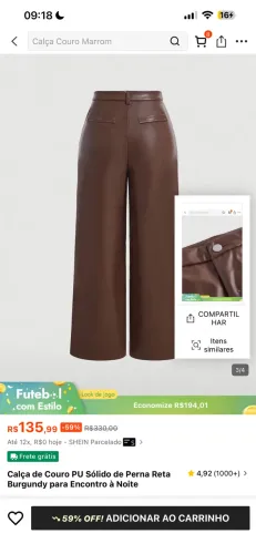 Calça de Couro PU Sólido de Perna Reta Burgundy para Encontro à Noite
