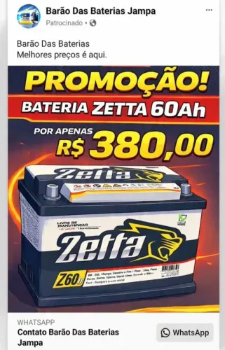 Promocão bateria zetta 60 ah - 2° linha moura