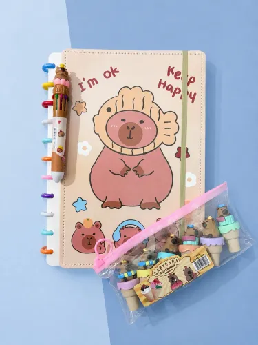Kit Papelaria Fofa Capivara - Caderno Inteligente + Caneta 10 cores + Marca Texto
