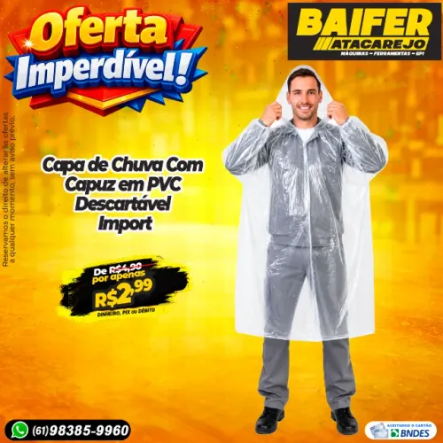 Capa de Chuva Com Capuz em PVC Descartável Import