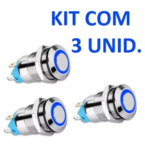 Botão Liga Desliga Botoeira com Trava 12mm LED Azul - Kit c/ 3
