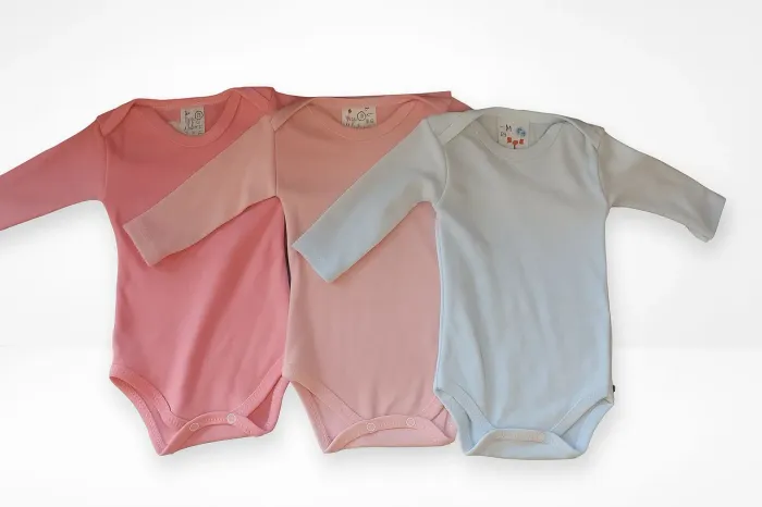 Kit com 3 peças de Body Manga Longa Liso Bebê 100% Algodão 