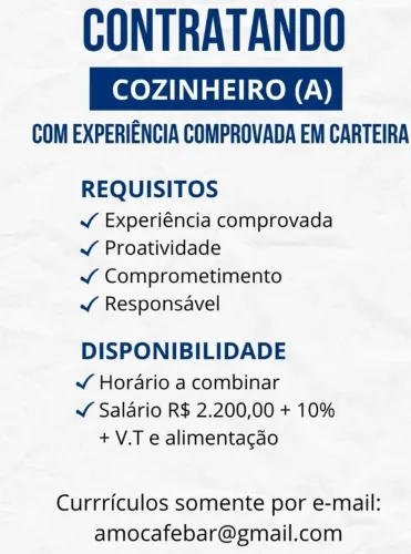 Vaga para Cozinheira (o)