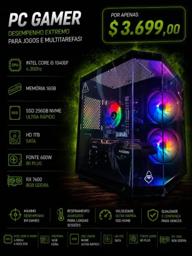 PC Gamer Core i5 10400F 4.3Ghz / Mem 16Gb / SSD 256Gb+ 1Tb HD / RX 7600 8Gb(aceito cartão)
