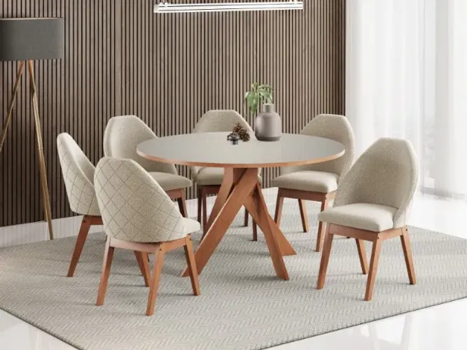Mesa de Jantar Redonda 1,37m + 6 Cadeiras Linho Bege