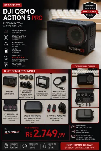 DJI OSMO Action 5 pro + Kit Completo (para Motovlog e Produção de Conteúdo)