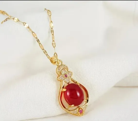 Colar gota d'água vermelha flores aço inoxidável banhado a ouro 18k em 