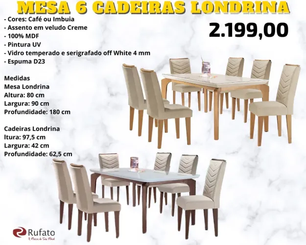 Mesa 6 cadeiras de jantar Londres - ENTREGA HOJE !!!