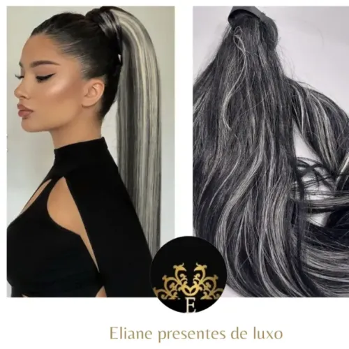 Rabo de cavalo preto com mechas      platinadas .