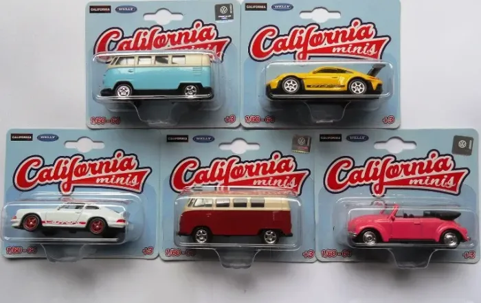 welly california 5 minis combo fusca volkswagen porsche kombi metal veja
