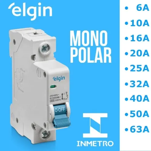 Disjuntor Elgin Din Monopolar Termomagnético 10A até 40A Curva C 1 Polo Inmetro