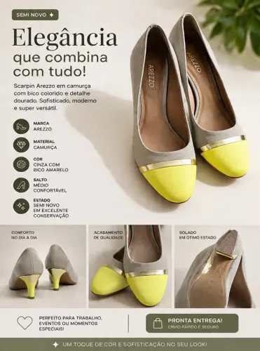sapato Scarpin Arezzo Camurça Cinza + Bico Amarelo - Seminovo 