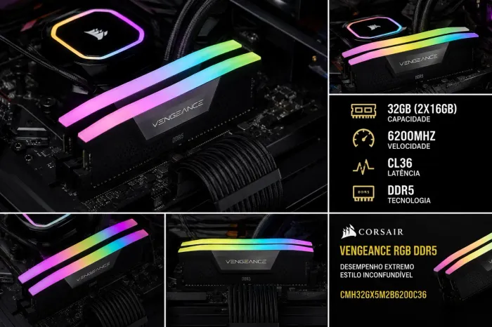 Memória RAM Corsair Vengeance RGB DDR5 32GB (2x16GB) 6200MHz CL36 - Impecável
