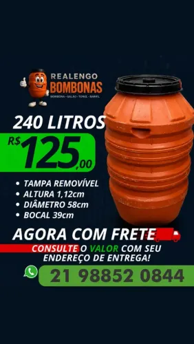 Bombona Galão Tonel Tambor Barril Bombonas de 240 L pra Água Gelo Obra Ração Filtro Óleo