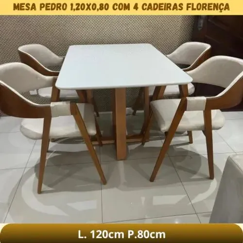 MESA PEDRO 1,20X0,80 CANTO COPO OFF WHITE COM 4 CADEIRAS FLORENÇA