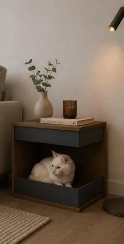 Mesa Lateral com Toca para Gato em MDF Amadeirado e Grafite - Novo