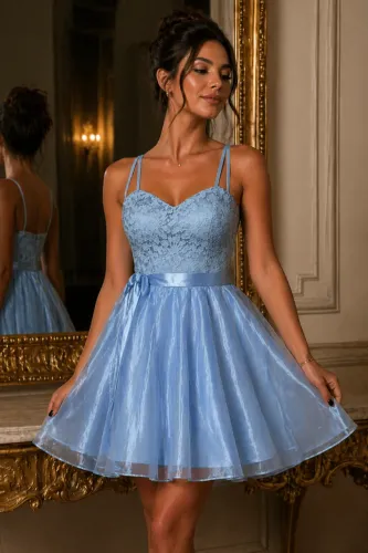 Vestido de Festa Adolescente/Adulto Debutante Brilhoso - Azul-Claro - Tam. G