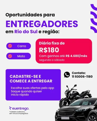 Entregas em Rio do Sul por R$ 180 a diária fixa