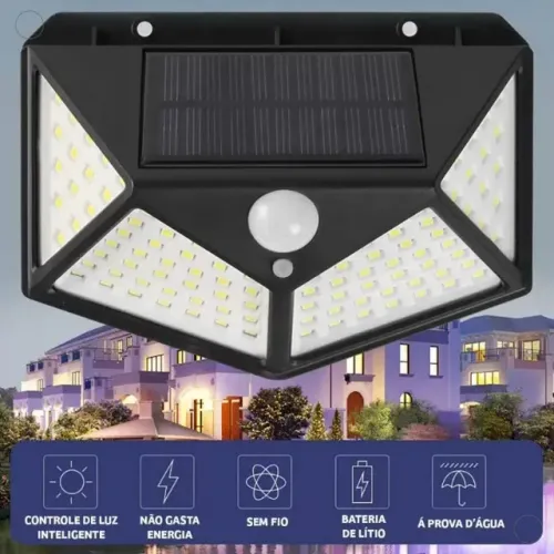 Luminária Solar de Parede 100 LEDs Sensor de Presença 3 Funções