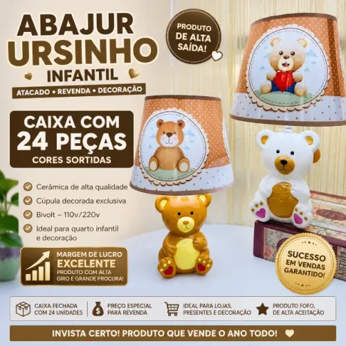 Atacado Kit C/ 24 Abajur Ursinho Infantil Cerâmica Bivolt