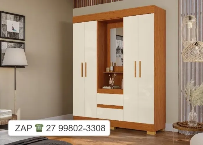 Guarda Roupa-- 4 Portas com Espelho e Pés - Cinamomo/Off White