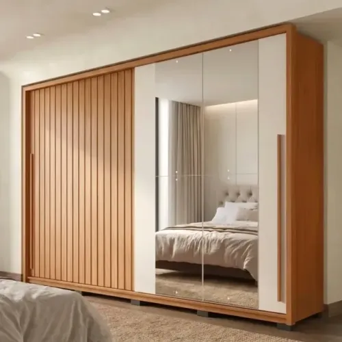 Guarda-Roupa Casal Ripado 2 Portas 4 Gavetas com Espelho Suburban Yescasa Freijo e Off Whi