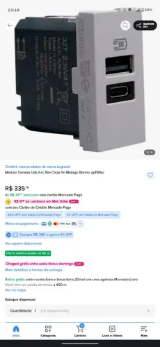 Módulo tomada USB + tipo C 15 w 