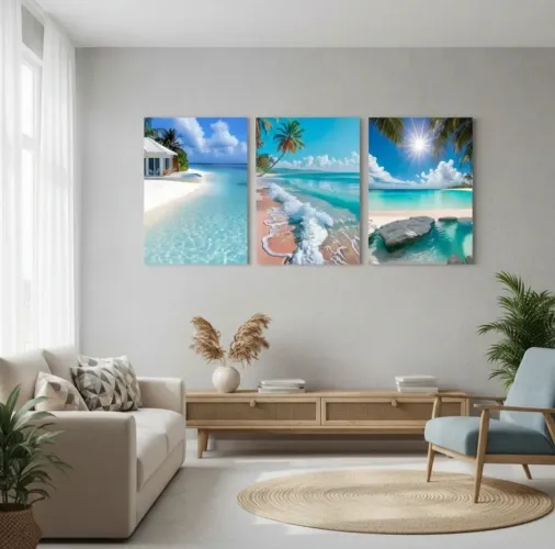 Kit de 3 quadros decorativos de praia de madeira pinus com adesivo