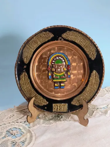 Prato peruano em bronze original peru antigo antiquario decoração vintage colecionador 