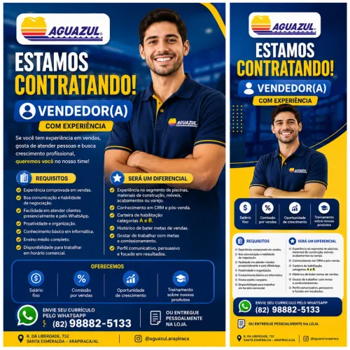 VAGA PARA VENDEDOR(A) COM EXPERIÊNCIA - AGUAZUL ARAPIRACA