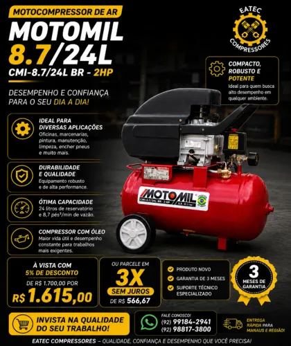 COMPRESSOR MOTOMIL 24L 2HP | IDEAL PARA OFICINA, LAVA JATO E USO GERAL