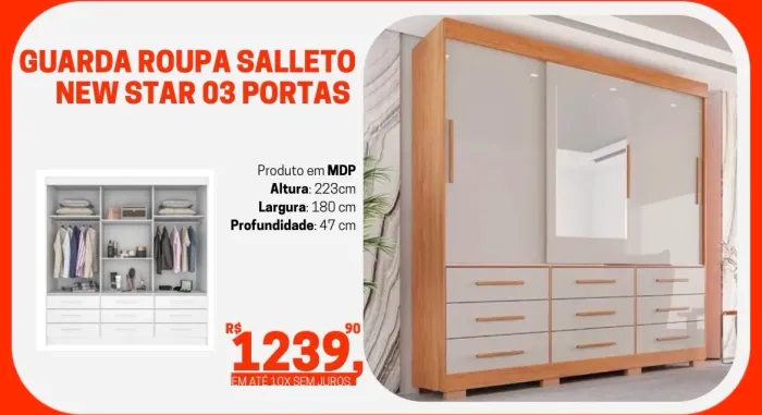 Guarda-Roupa Salleto New Star 3 Portas com Espelho - Grande - Novo