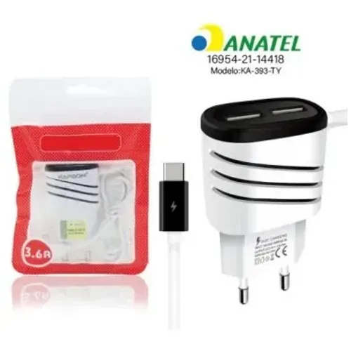 Carregador Turbo de Celular Ultra Rápido 3.6A com 2 Portas USB - Tipo C