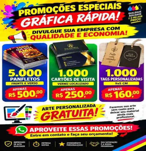 Gráfica promoção: 5000 panfletos frente e verso, 1000 tags , 1000 cartões verniz localizad