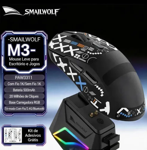 Mouse Gamer + Dock de Carregamento Sem Fio Smailwolf M3 Tri Mode Paw3311 12000dpi Preto