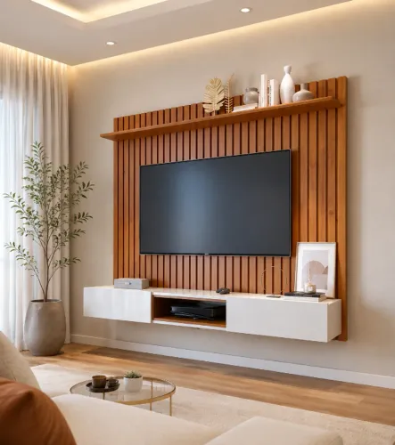 Painel Ripado com iluminação LED + Nicho 03 Gavetas Moderno