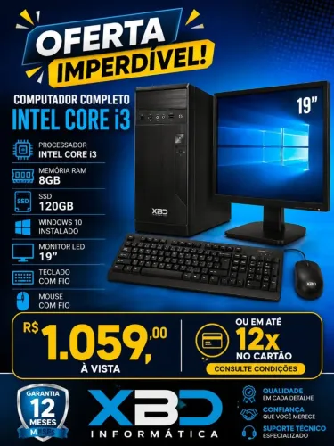 Computador Completo intel Core i3 SSD 120GB - Memória 8GB - Windows 10 - Monitor LED 19"