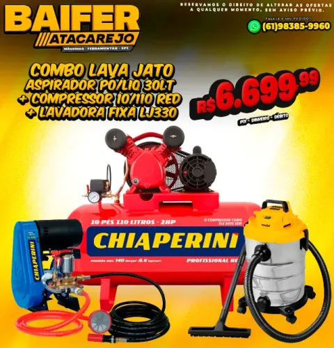 Combo Lava Jato Aspirador Pó/Liq 30Lt APV1230 + Compressor 10/110 Red + Lavadora Fixa Lj33