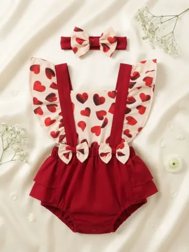 Conjunto Bebê Menina Romper Vermelho Coração + Faixinha Laço