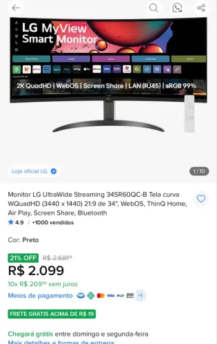 Momitor LG ultrawide 34 polegadas