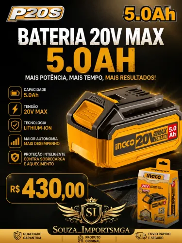 Essa é a Bateria de Íon-Lítio Ingco 20V de 5.0Ah da Linha P20S.