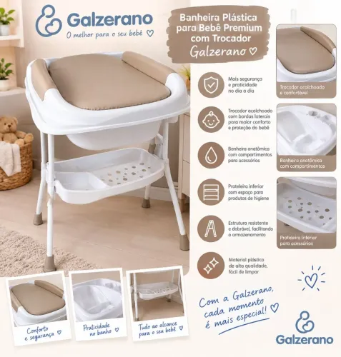 Banheira Plástica Para Bebê Premium com Trocador Galzerano