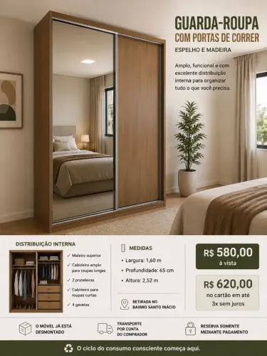 GUARDA-ROUPA COM PORTAS DE CORRER - ESPELHO E MADEIRA