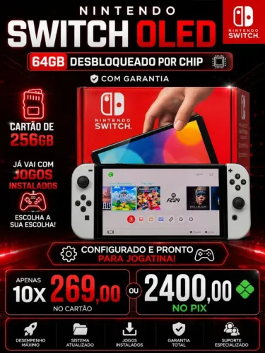 Nintendo Switch OLED 64GB Desbloqueado via Chip + Cartão 256GB com Jogos