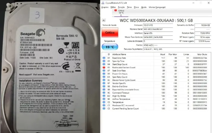 HD de 500gb + cabos sata (testado Crítico) 3.5