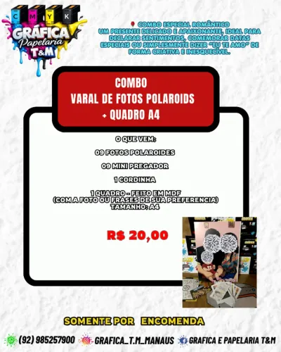 combo varal de fotos simples + quadro em mdf a4